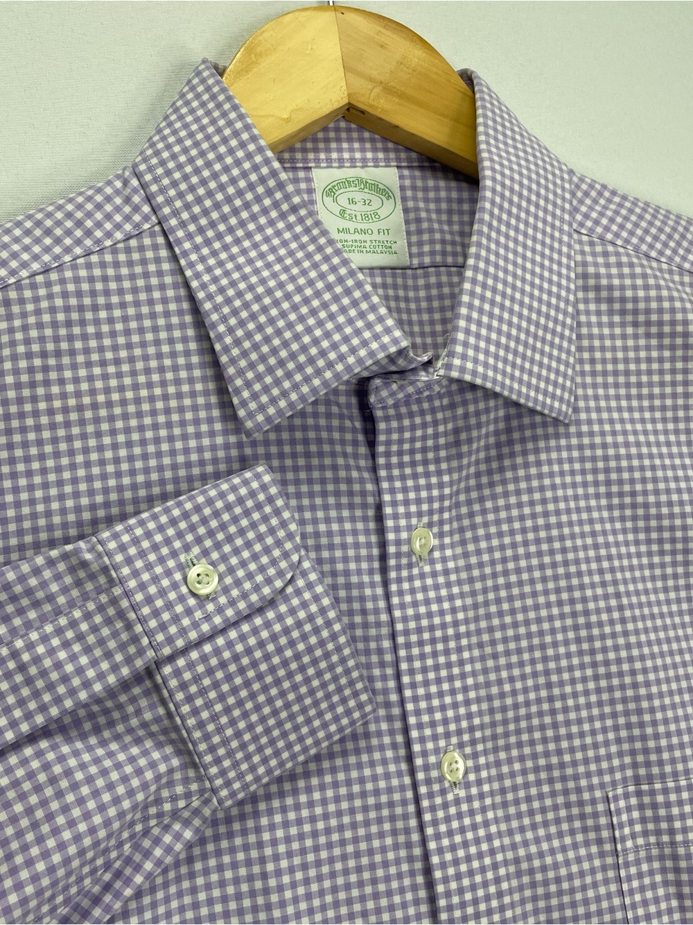 Brooks Brothers Milano Button Down Shirt Mens 16-32 Lavender Purple Gingham Non